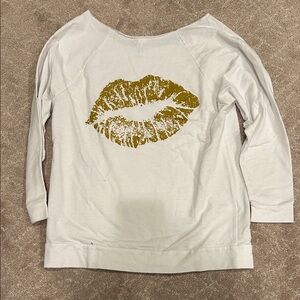White Long Sleeve Top with Gold Lip Print